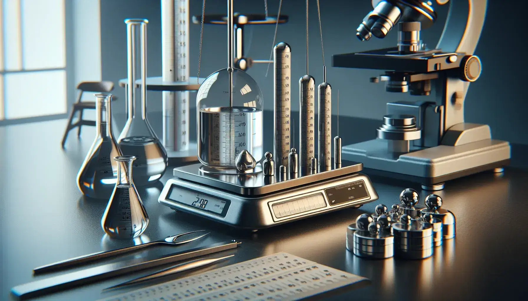 Strumentazione scientifica in laboratorio con bilancia analitica, pesi calibrati, metro a nastro, termometro a mercurio e cilindro graduato.
