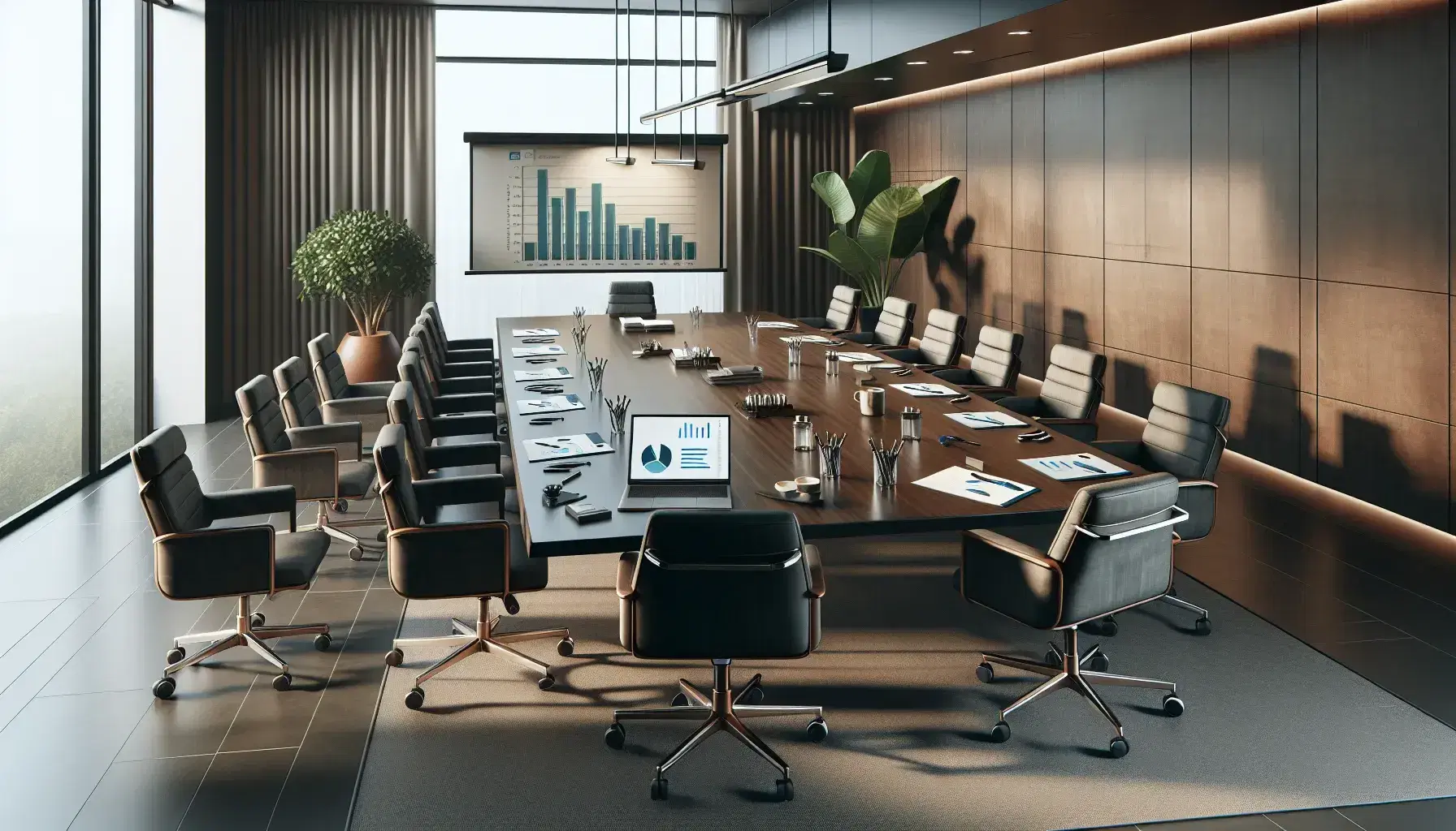 Sala de reuniones con mesa rectangular marrón, sillas de oficina grises, laptop con gráficos, documentos y planta verde en la esquina.