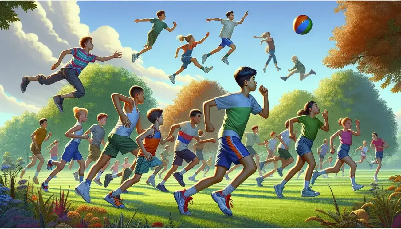 Niños y niñas jugando y haciendo ejercicio en un parque, corriendo, saltando y lanzando una pelota en un día soleado con árboles verdes.