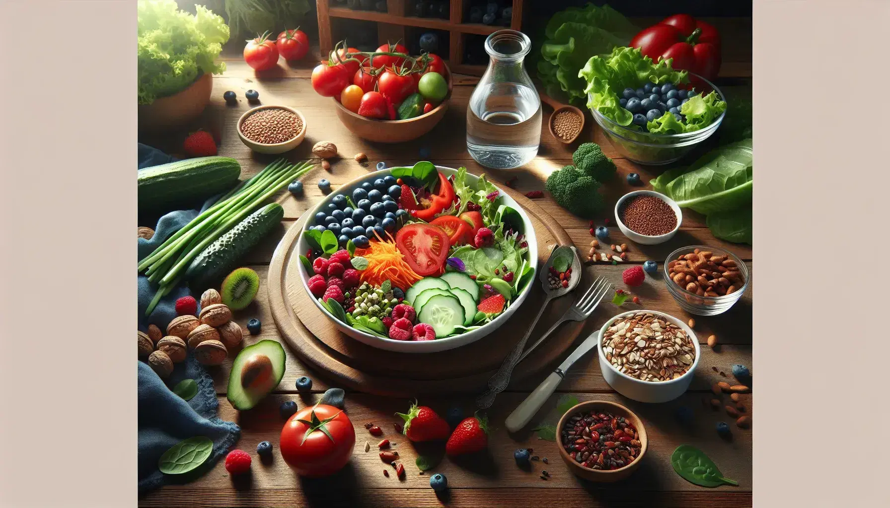 Variedad de frutas y verduras frescas con ensalada colorida en plato blanco, frutos secos, granos enteros y agua en mesa de madera bajo luz natural.