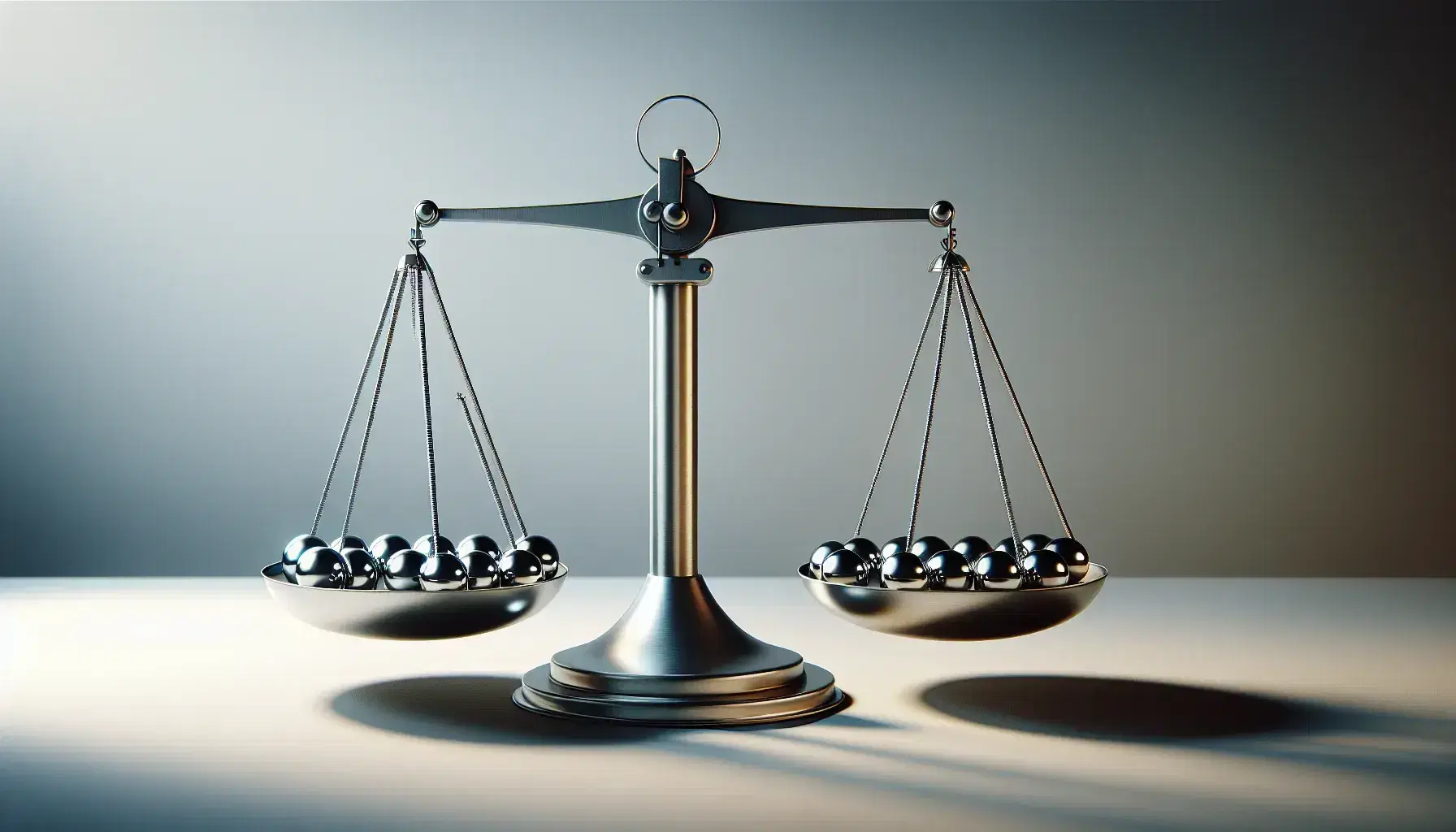 Balanza de dos platos en equilibrio con esferas metálicas distribuidas uniformemente, reflejando luz sobre fondo neutro.