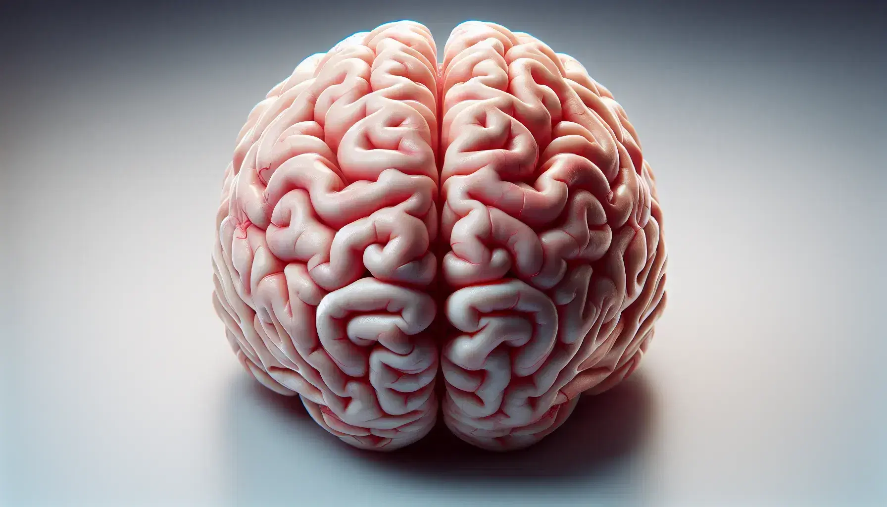 Vista superior de un cerebro humano detallado con hemisferios, surcos y giros marcados, en un fondo neutro, destacando lóbulos frontal, parietal, occipital y temporal.