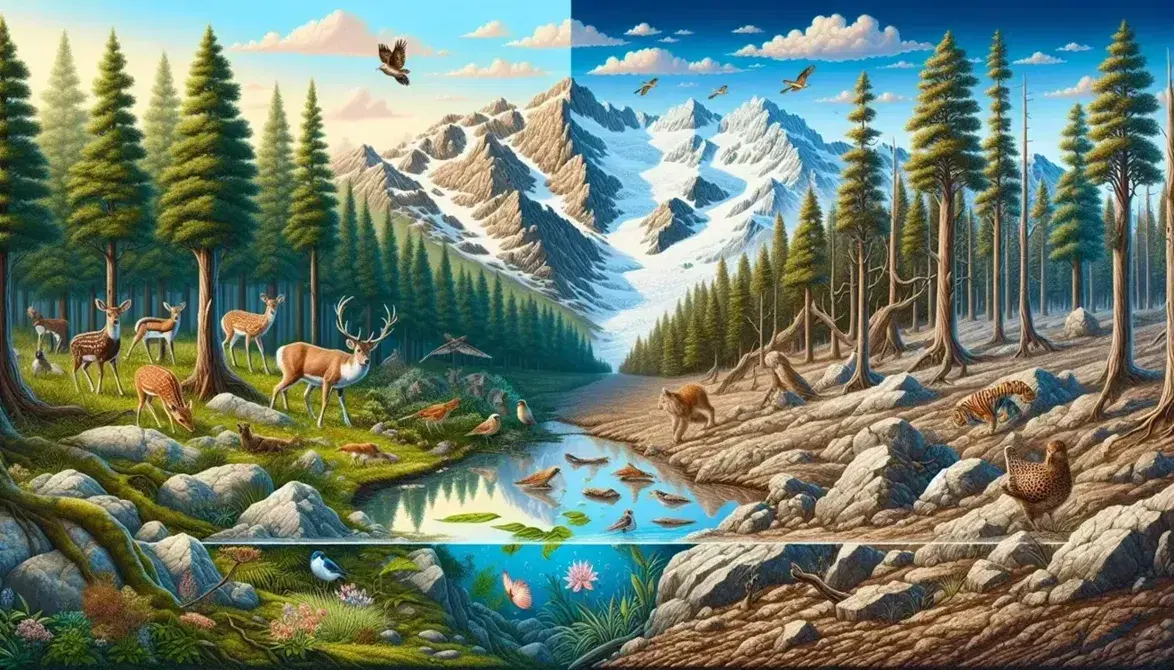 Paisaje natural con bosque denso y fauna a la izquierda, y montaña rocosa con lago y suelo pedregoso a la derecha, mostrando la interacción entre factores bióticos y abióticos.