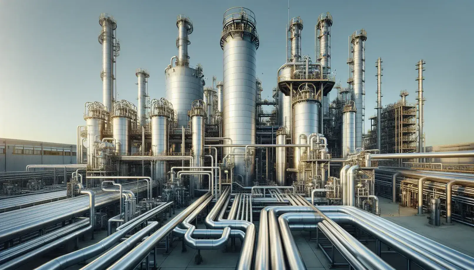Planta industrial química con tuberías metálicas y cilindros reflectantes bajo un cielo azul despejado, sin personas visibles.