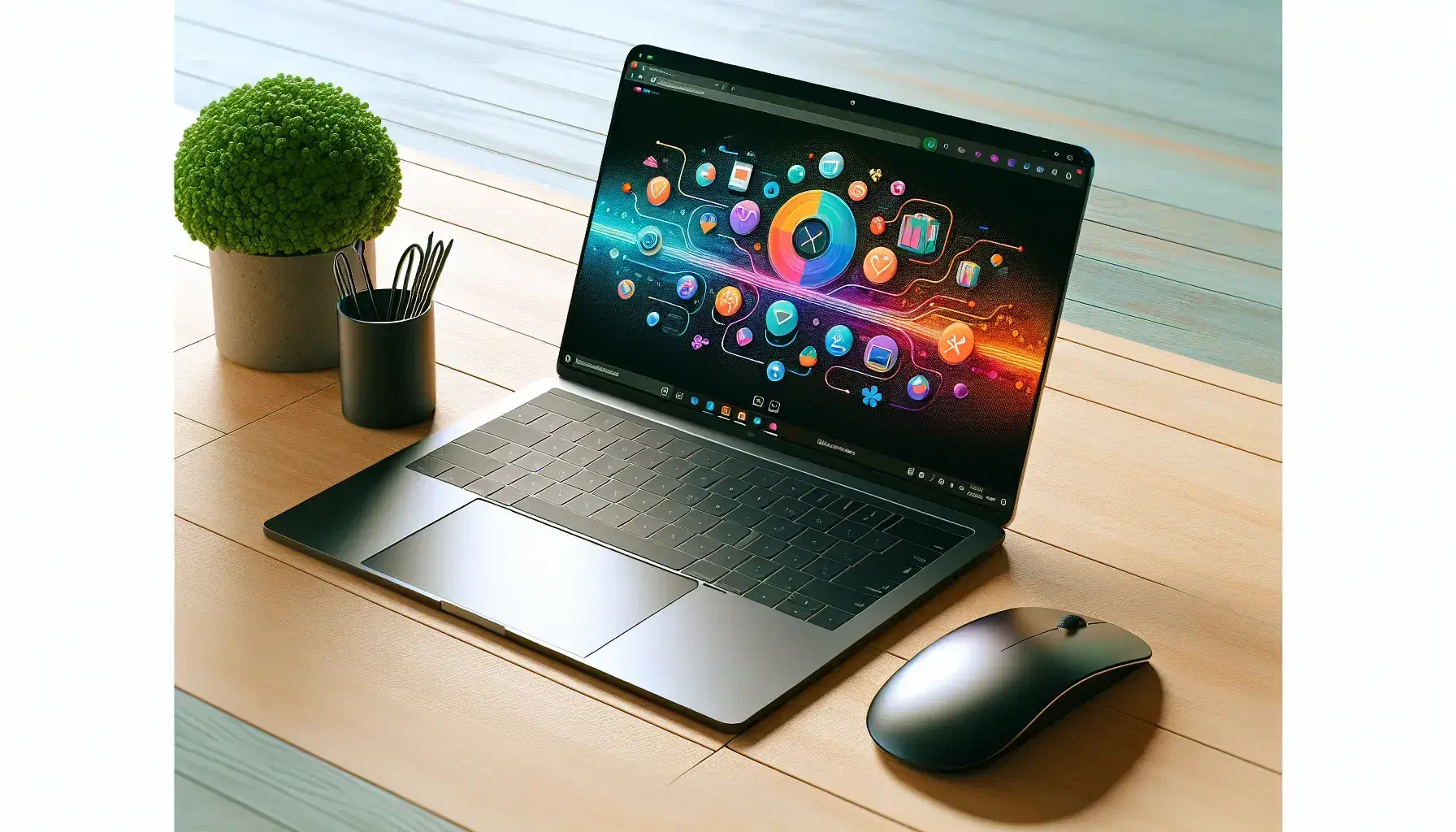 Modern black laptop with colorful shopping interface on screen, silver wireless mouse, blue-cased smartphone, and white potted plant on wooden desk, with muted-tone shopping bags in background.