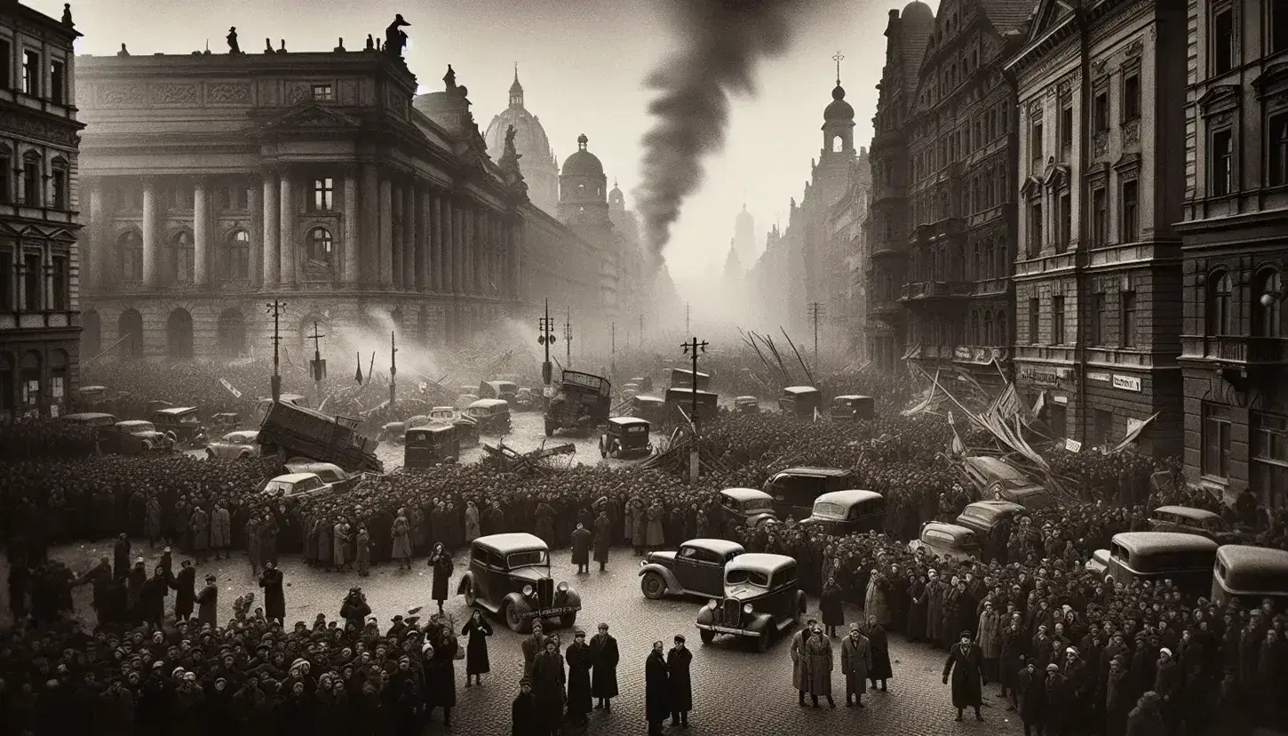 Monochromatic photo capturing a historical protest with diverse crowd, uplifted hands, makeshift barricade, smoke, and damaged mid-20th century European buildings.