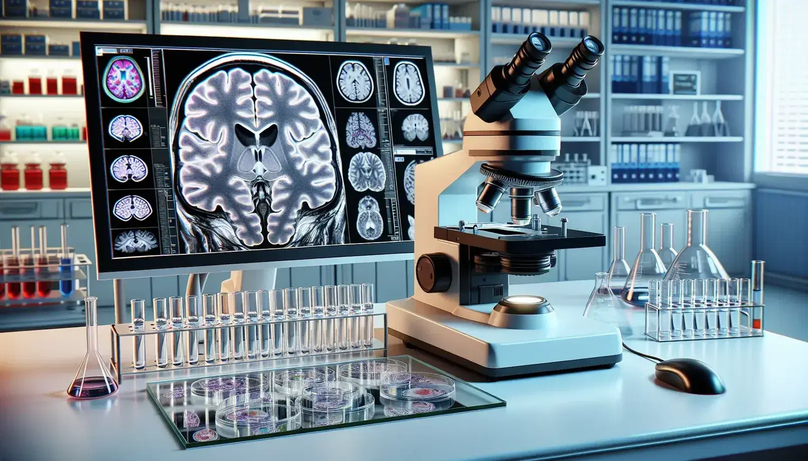 Neurological research laboratory with microscope, prepared slides and monitor showing a colored brain scan.