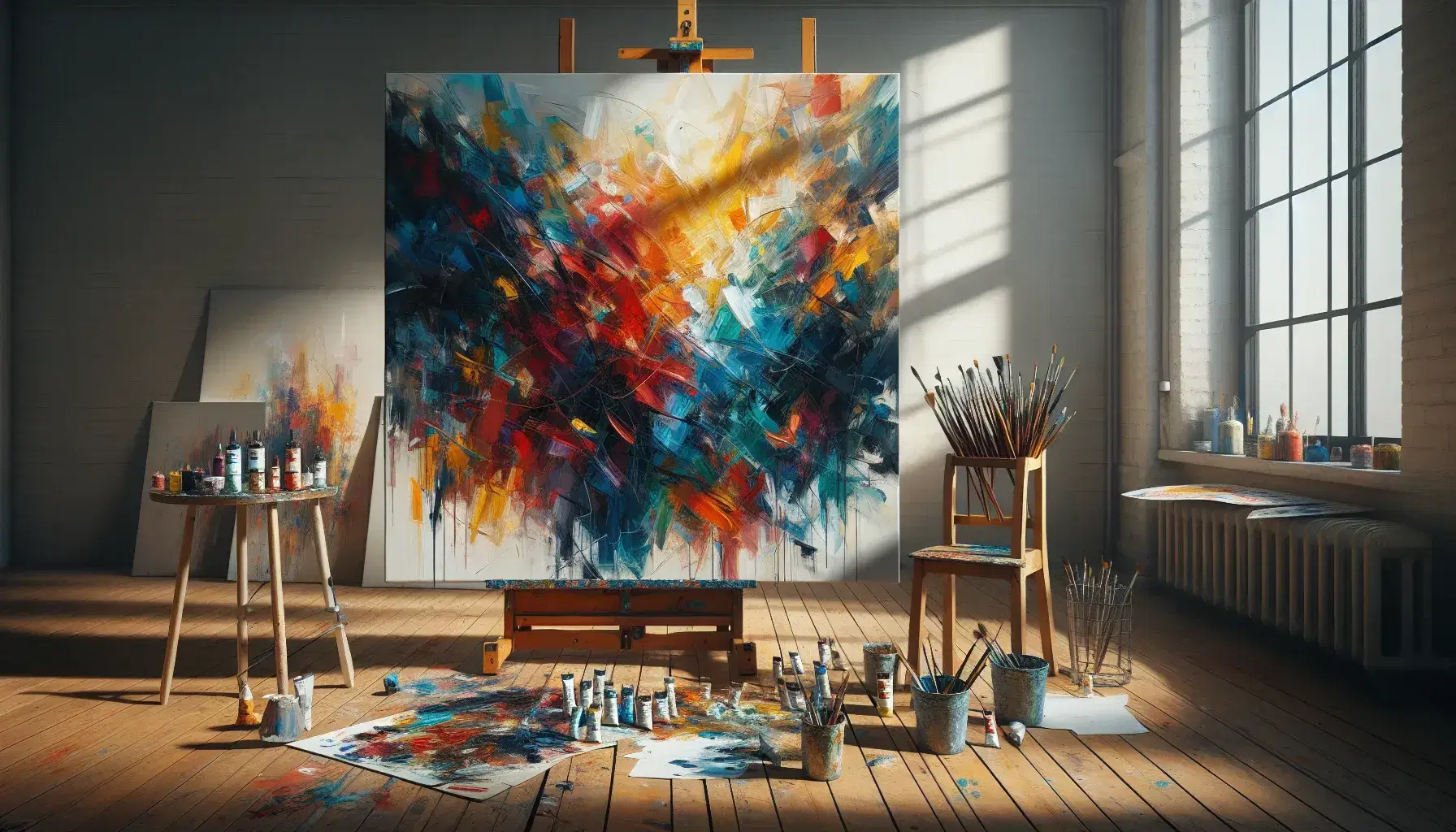 Tela astratta con pennellate dinamiche in studio d'artista, colori vivaci, pennelli e tubetti di pittura sul pavimento, luce naturale.