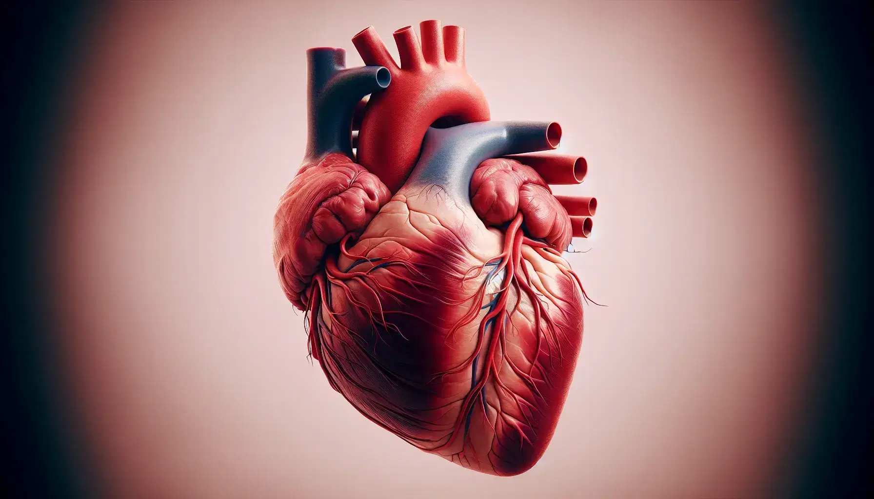Corazón humano tridimensional detallado en vista anterior con ápices hacia abajo e izquierda, cámaras y vasos principales visibles en fondo neutro.