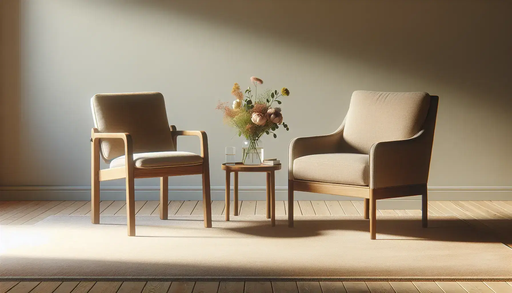 Relaxing therapy environment with comfortable beige armchair, wooden chair, coffee table with fresh flowers and green plant in the corner.
