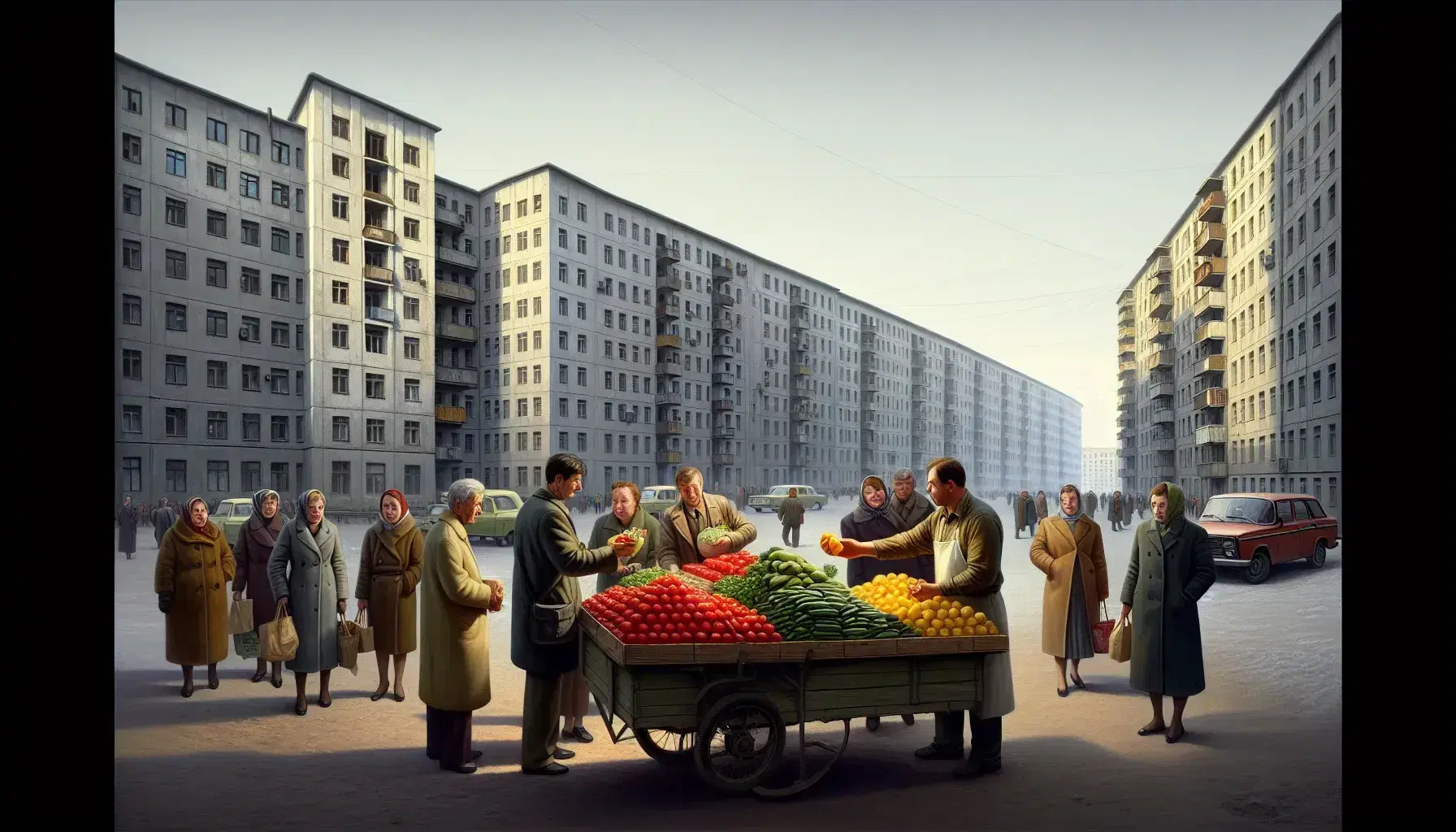 Bustling 1980s Soviet street scene with people around a produce cart, austere buildings in the background, and vintage cars parked along the curb.