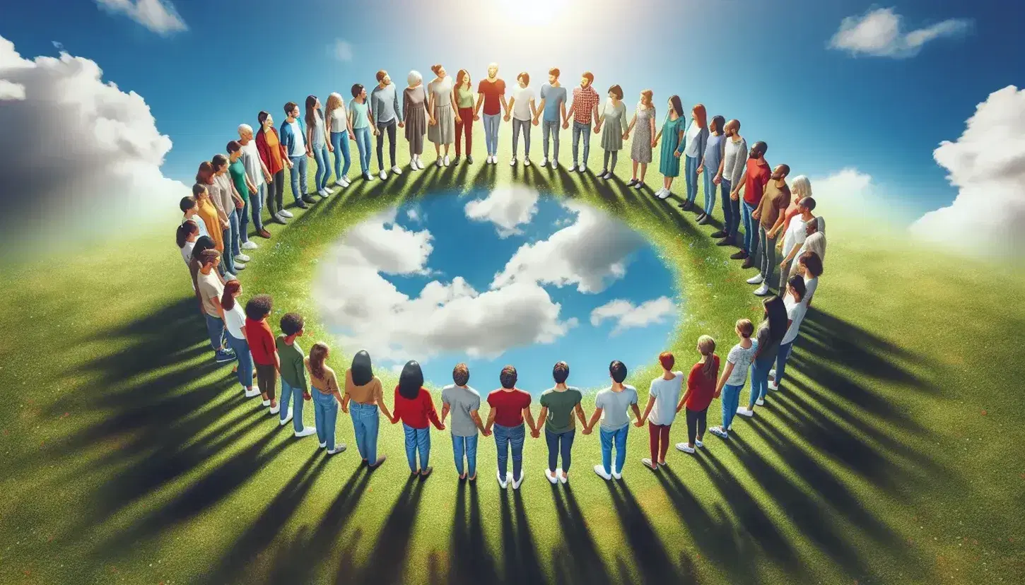 Grupo diverso de personas unidas de la mano en círculo sobre césped con cielo azul, simbolizando inclusión y unidad en un día soleado.