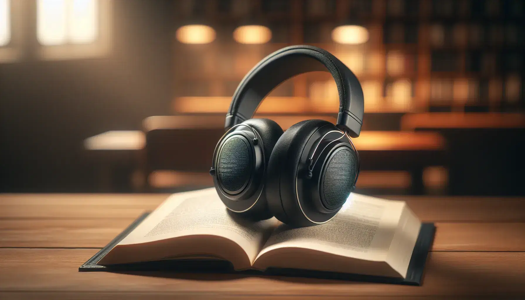 Sleek black over-ear headphones rest on an open blank book, set against a cozy, blurred study backdrop with warm lighting on a dark wooden surface.
