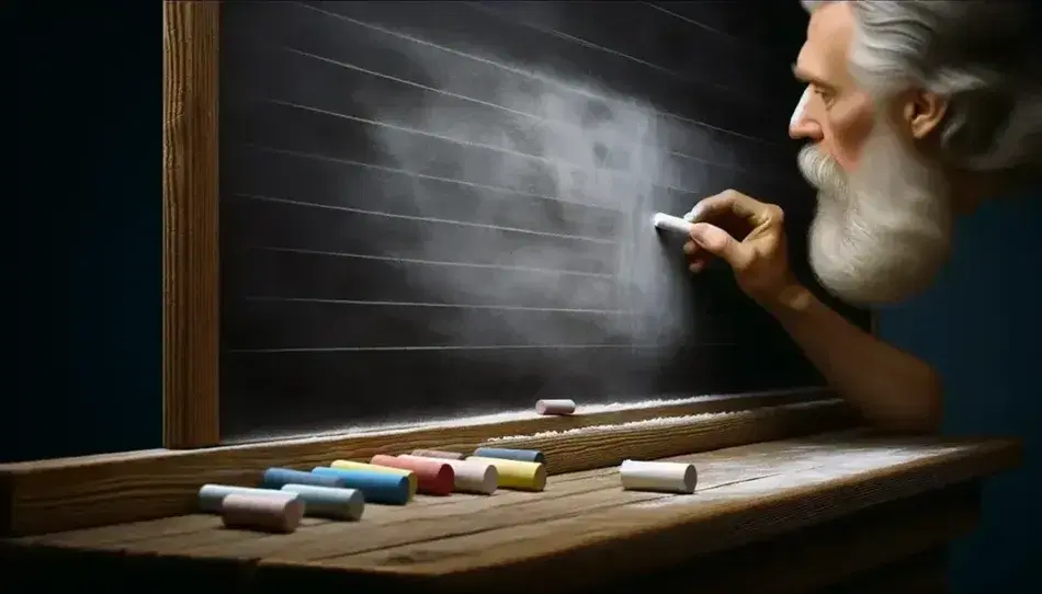 Close-up view of a clean blackboard with white chalk dust, a hand holding chalk ready to write, and colorful unused chalk pieces with an eraser on the ledge.