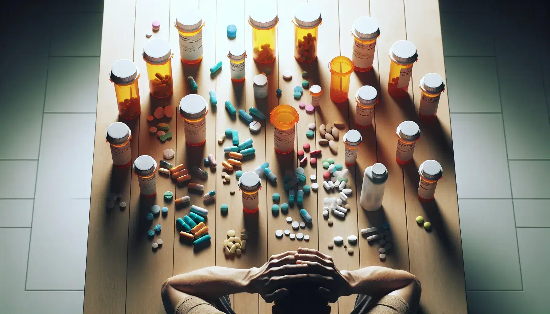 Cluttered table seen from above with medicine bottles without labels, colored pills and person sitting with head in hands, expression of tiredness.
