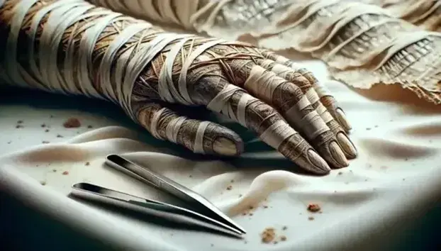 Close-up of the hand of an ancient Egyptian mummy with decorated linen bandages, next to blurred modern laboratory instruments.