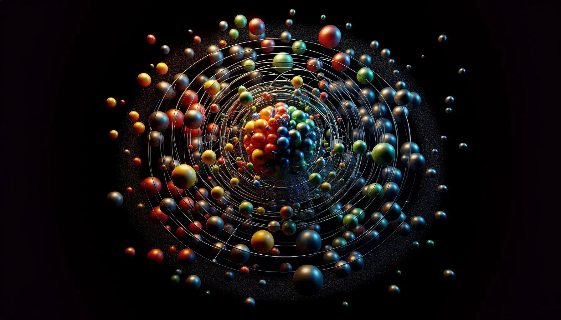 Sfere colorate in stile modello atomico con sfere centrali rosse e arancioni e sfere orbitanti blu, verdi e gialle su sfondo nero.