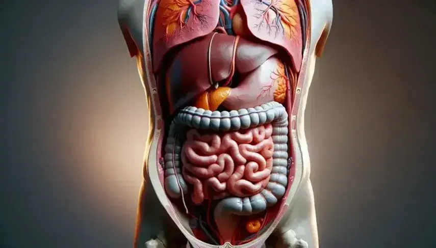 Modello anatomico umano frontale con cavità addominale aperta che mostra organi interni colorati per identificazione didattica.