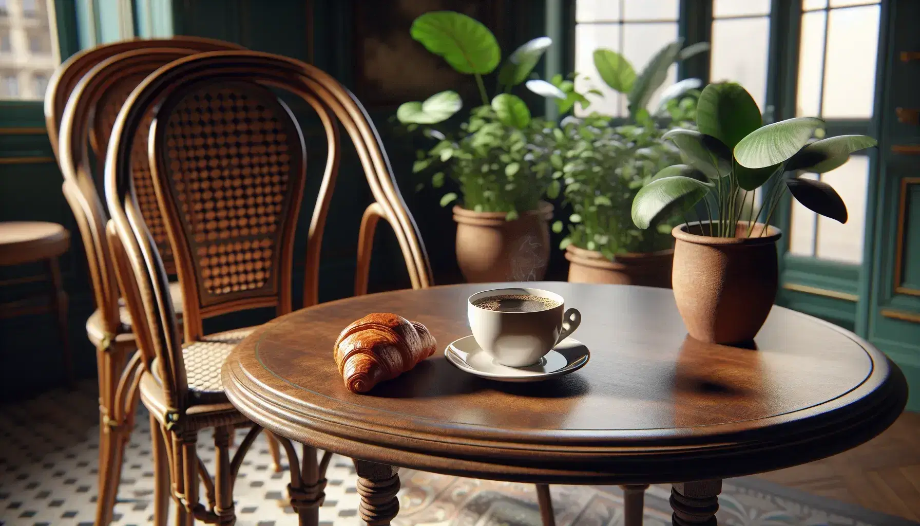 Traditional French café setting with a polished wooden table, porcelain coffee cup, flaky croissant on a saucer, and rattan chairs against a backdrop of potted plants.