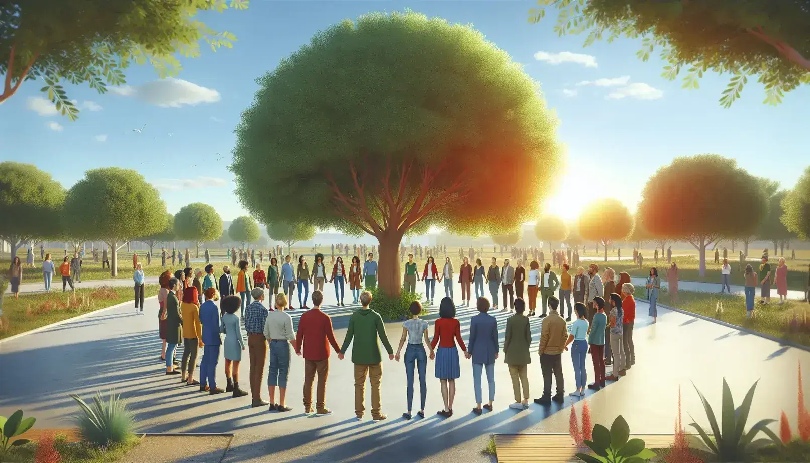 Grupo diverso de personas reunidas en círculo alrededor de un árbol en un parque, interactuando en una tarde soleada con cielo parcialmente nublado.