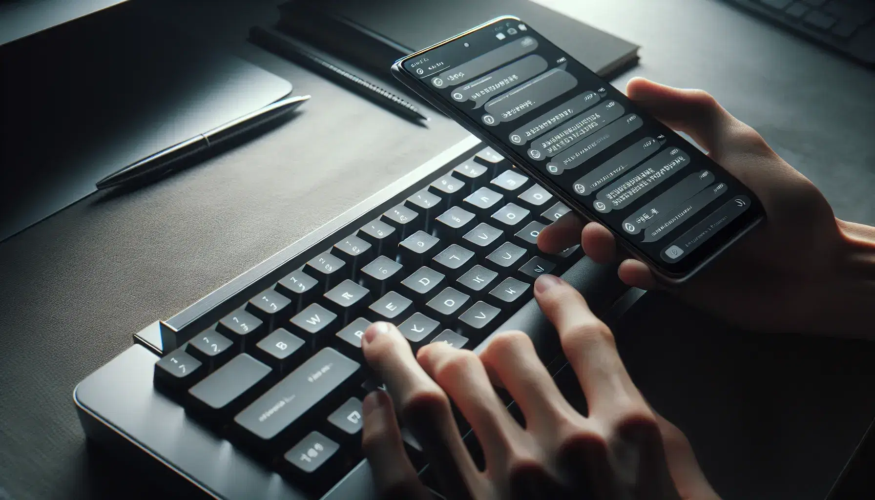 Manos sobre teclado de computadora moderno en tonos grises y smartphone con pantalla de chat, en un entorno interior con iluminación suave.