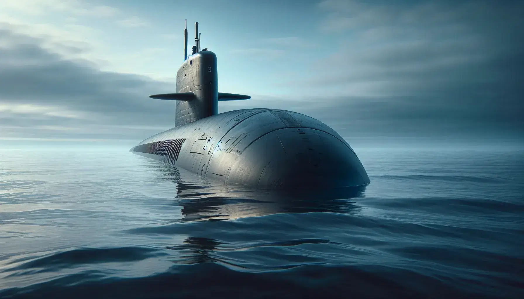 Royal Navy Vanguard-class submarine partially submerged in calm ocean waters, with a visible conning tower against a gradient gray sky.