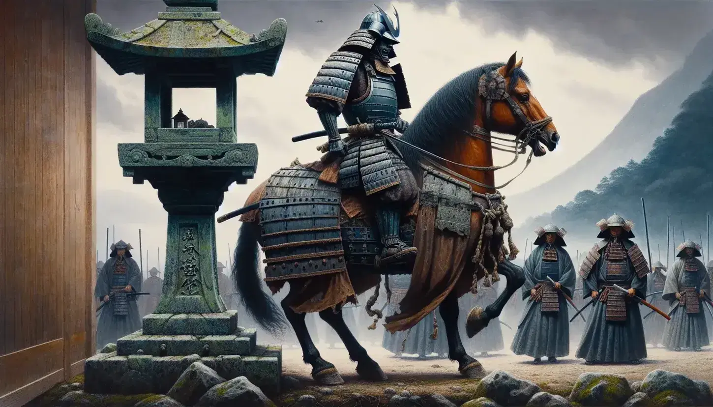 Samurai in traditional yoroi armor on rearing horse, stone lantern, and monks in procession against a backdrop of Kamakura-era architecture and bamboo.