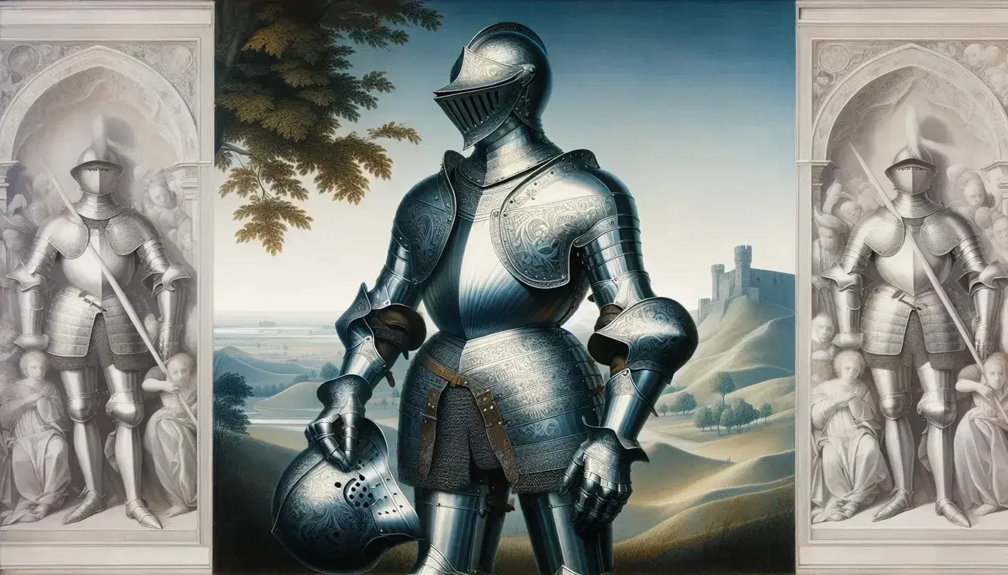 Cavaliere rinascimentale in armatura completa con elmo cesellato in mano, sfondo di colline e castello medievale.
