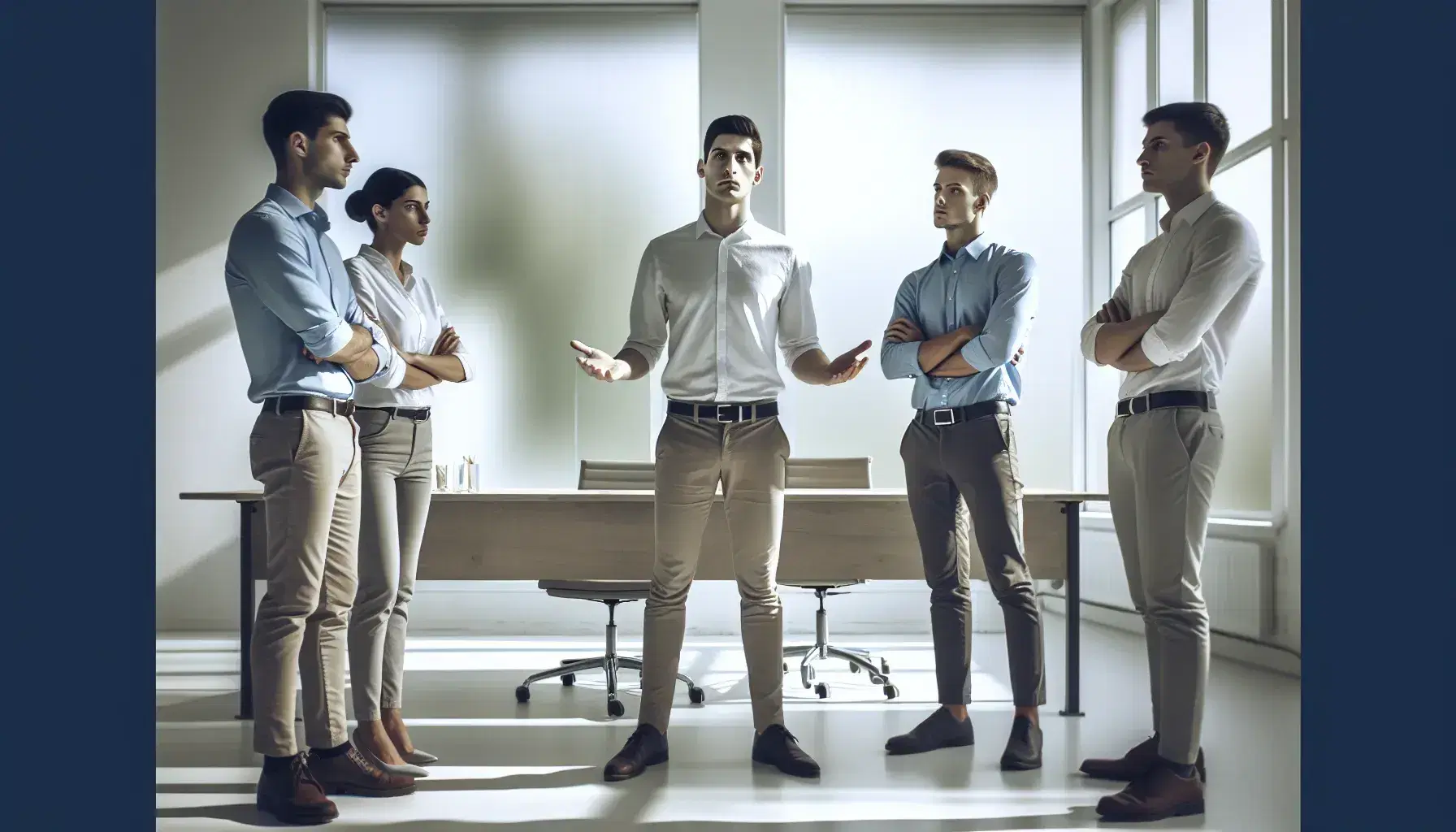 Grupo de cinco profesionales en oficina moderna discutiendo un proyecto, con uno explicando ideas y los demás atentos.