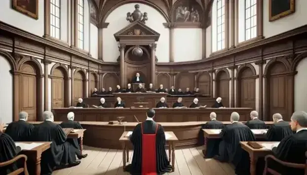 Aula di tribunale italiana con giudice in toga, avvocati ai banchi, giuria e pubblico, stemma repubblicano sul muro.