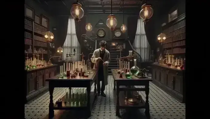 Laboratorio vittoriano notturno con lampade a gas, tavolo con strumenti scientifici, libri su scaffali e scienziato al lavoro.