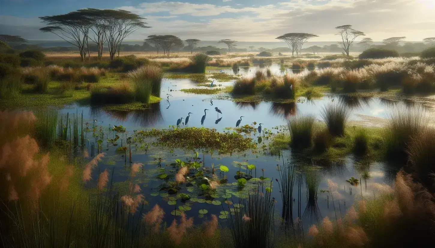 Paisaje de humedal con aves zancudas entre plantas acuáticas, árboles al fondo y cielo azul con nubes dispersas.