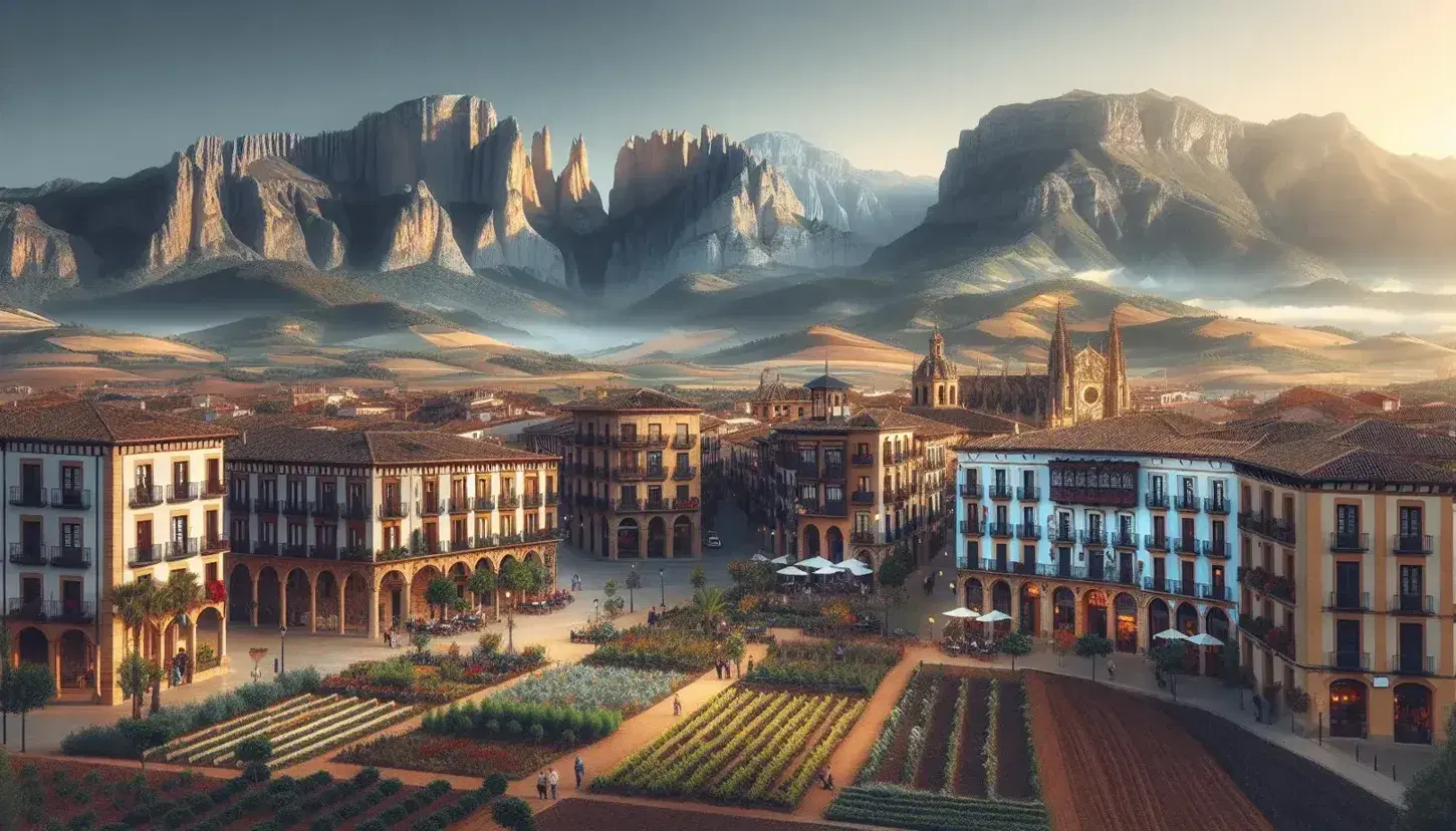 Vista panoramica di una catena montuosa in Spagna, città con architettura tradizionale, campo coltivato e mare in lontananza.