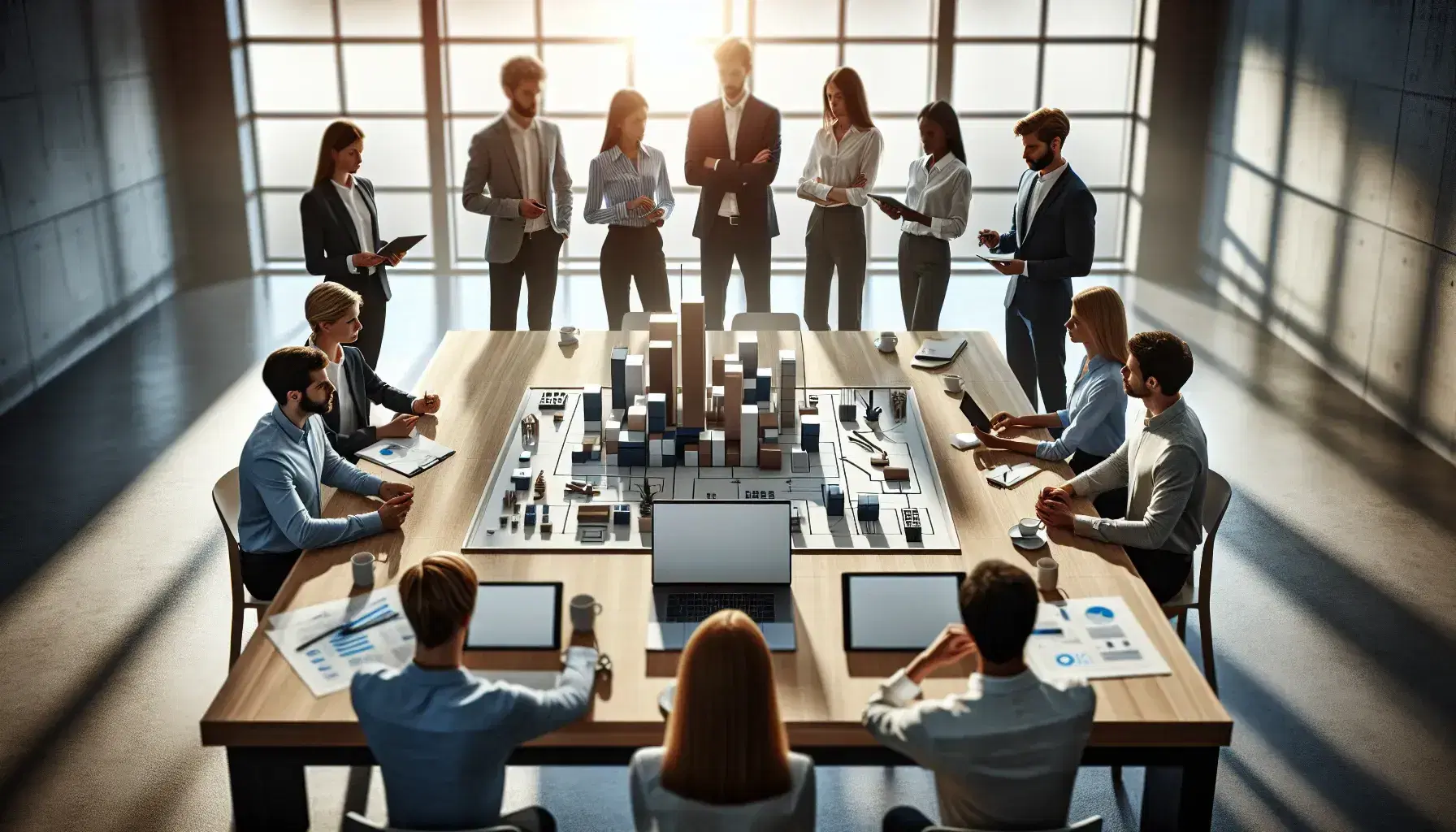Grupo de cinco profesionales en reunión de trabajo alrededor de una mesa con laptops, tablet, smartphones, papeles y un prototipo de producto.