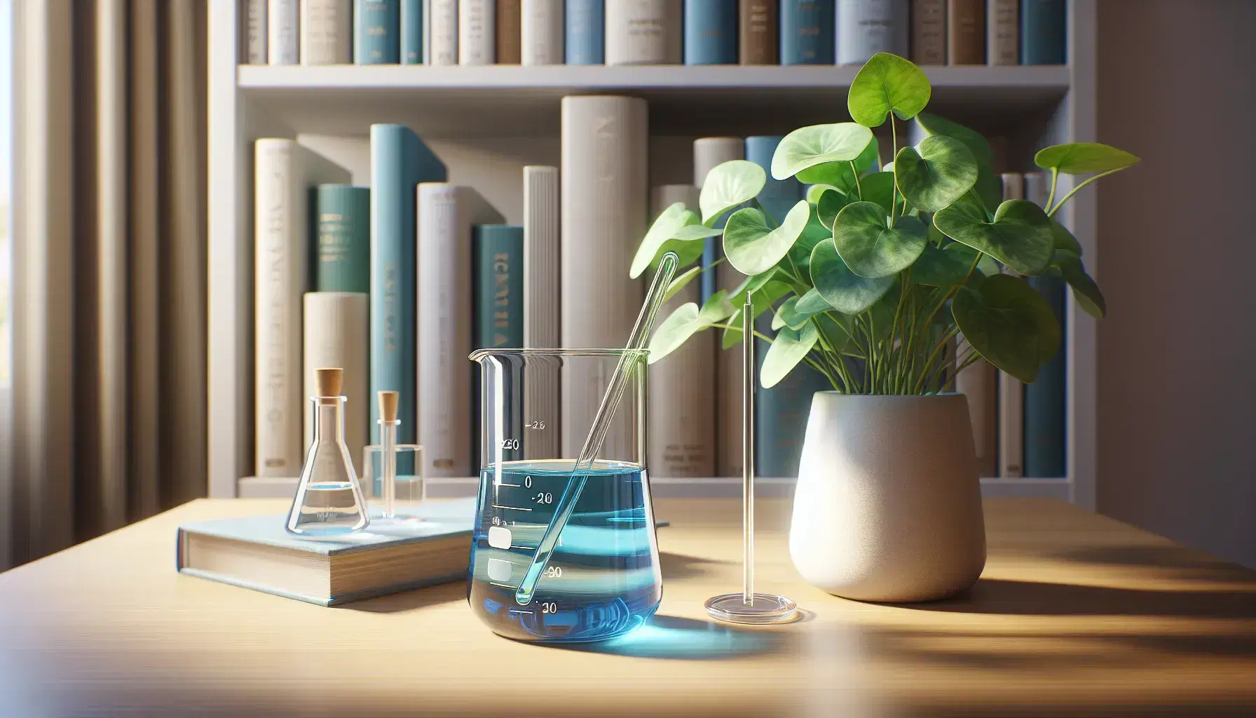 Blue liquid in a glass beaker with a stirring rod on a wooden table, a potted green plant in the background, and a blurred bookshelf.