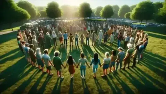 Gruppo eterogeneo di persone che si tengono per mano in cerchio su un prato verde in una giornata soleggiata, con alberi e cielo azzurro sullo sfondo.