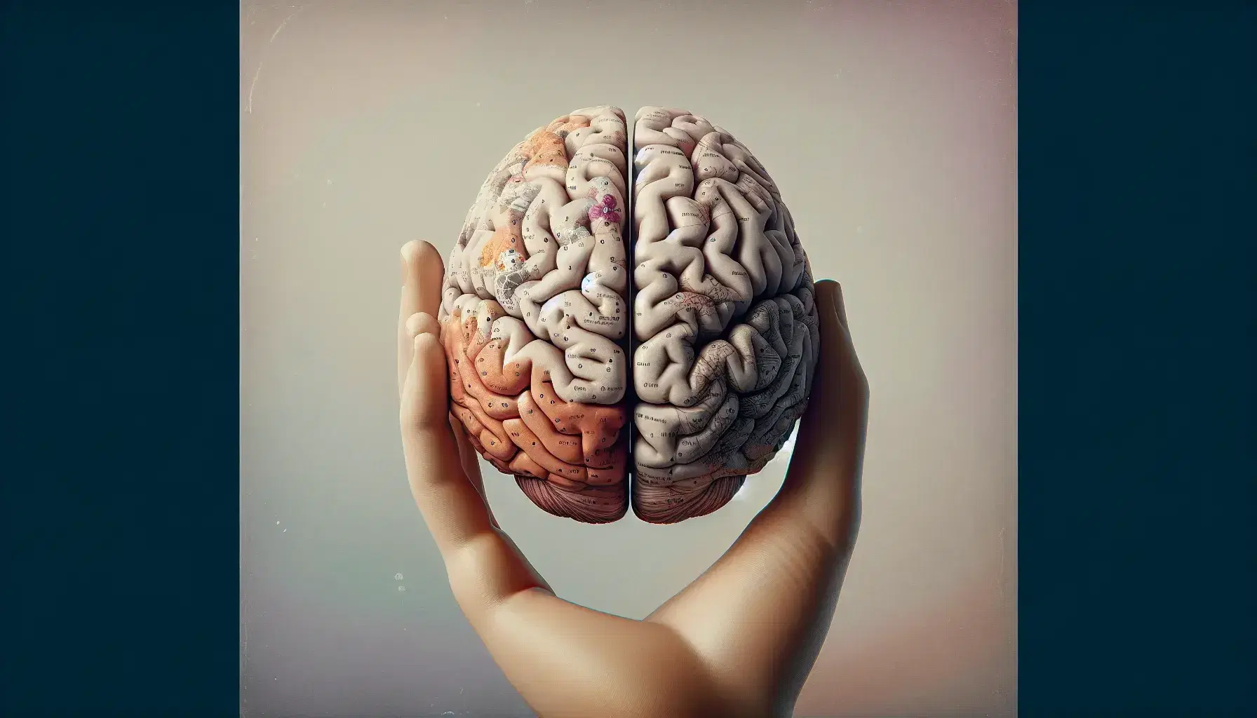 Sezione sagittale di un cervello umano dettagliato tenuto da una mano, con sfumature anatomiche e sfondo neutro che esalta la struttura cerebrale.