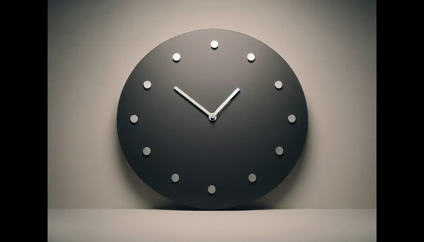 Minimalist black analog clock with silver dots marking eight positions and three hands indicating a specific time against a light background.