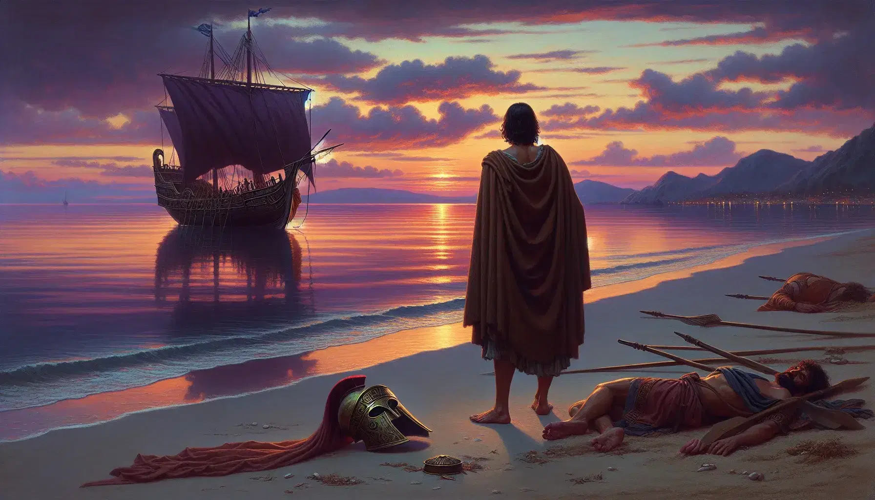 Tramonto su spiaggia con nave greca antica, uomo in mantello guarda il mare, elmo di bronzo sulla sabbia, ulivo e altare con frutta.