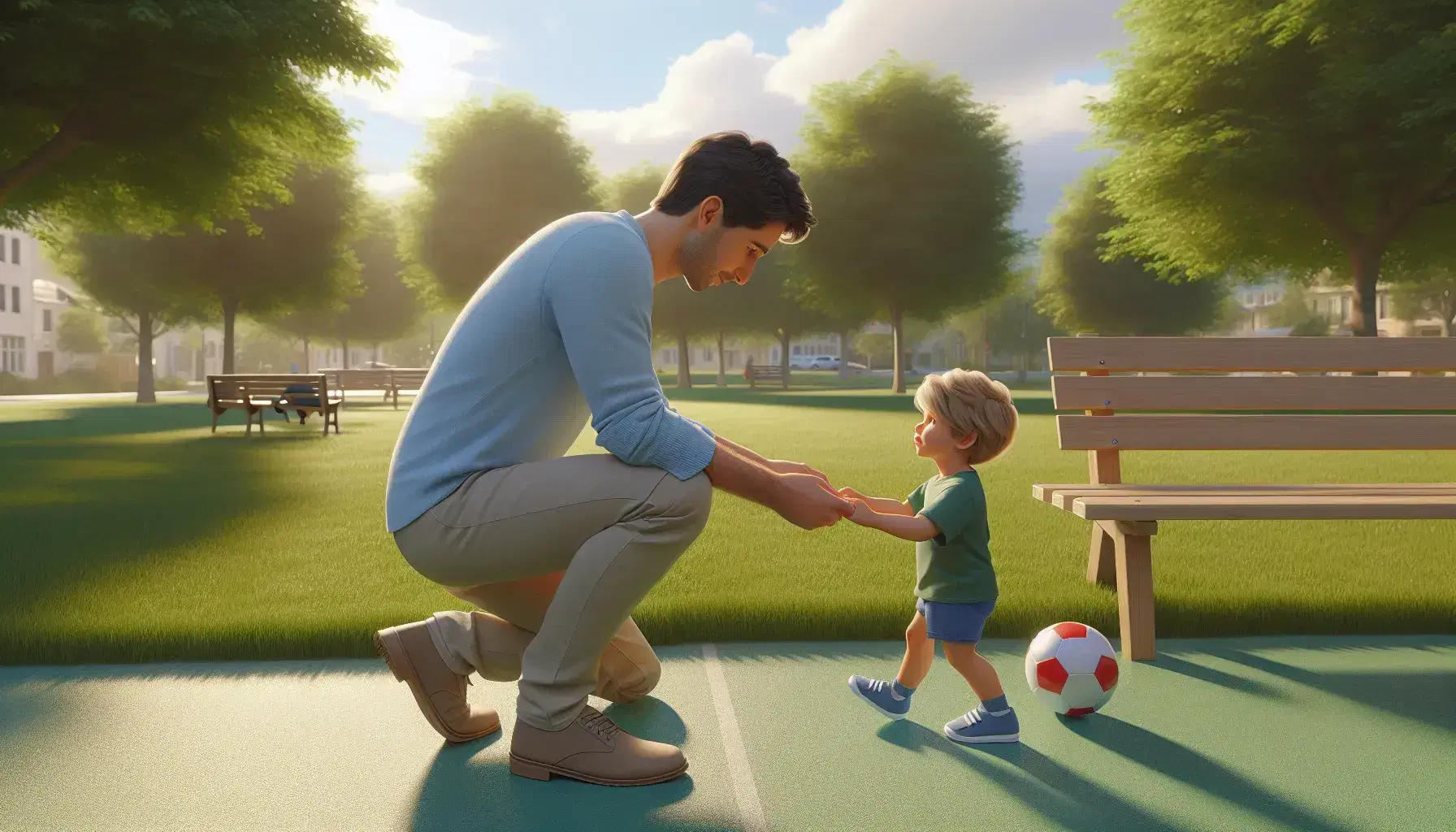Padre enseñando a caminar a su hijo en un parque soleado con árboles verdes, banco de madera y balón de fútbol al lado.