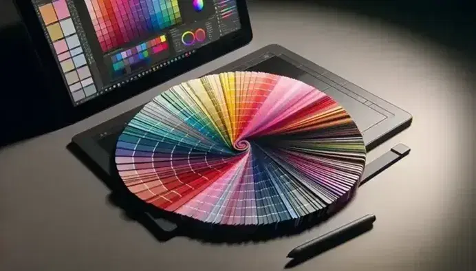 Paleta de colores en abanico con tonos desde pasteles a saturados y tableta gráfica con stylus, en un entorno de diseño gráfico profesional.