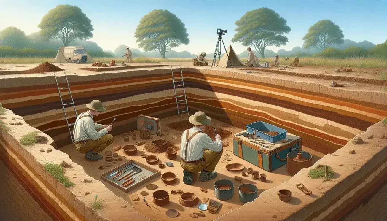 Excavación arqueológica con dos expertos trabajando en un pozo de tierra marrón, herramientas en mesa y fragmentos de cerámica y huesos en primer plano.
