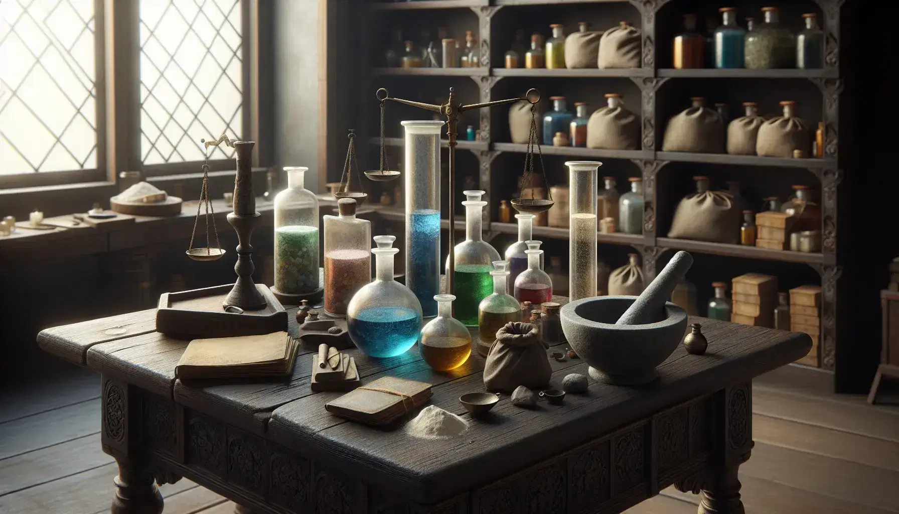 Laboratorio antiguo de alquimia con mesa de madera, frascos de líquidos coloridos, balanza de bronce, mortero y libro ilustrado de botánica.