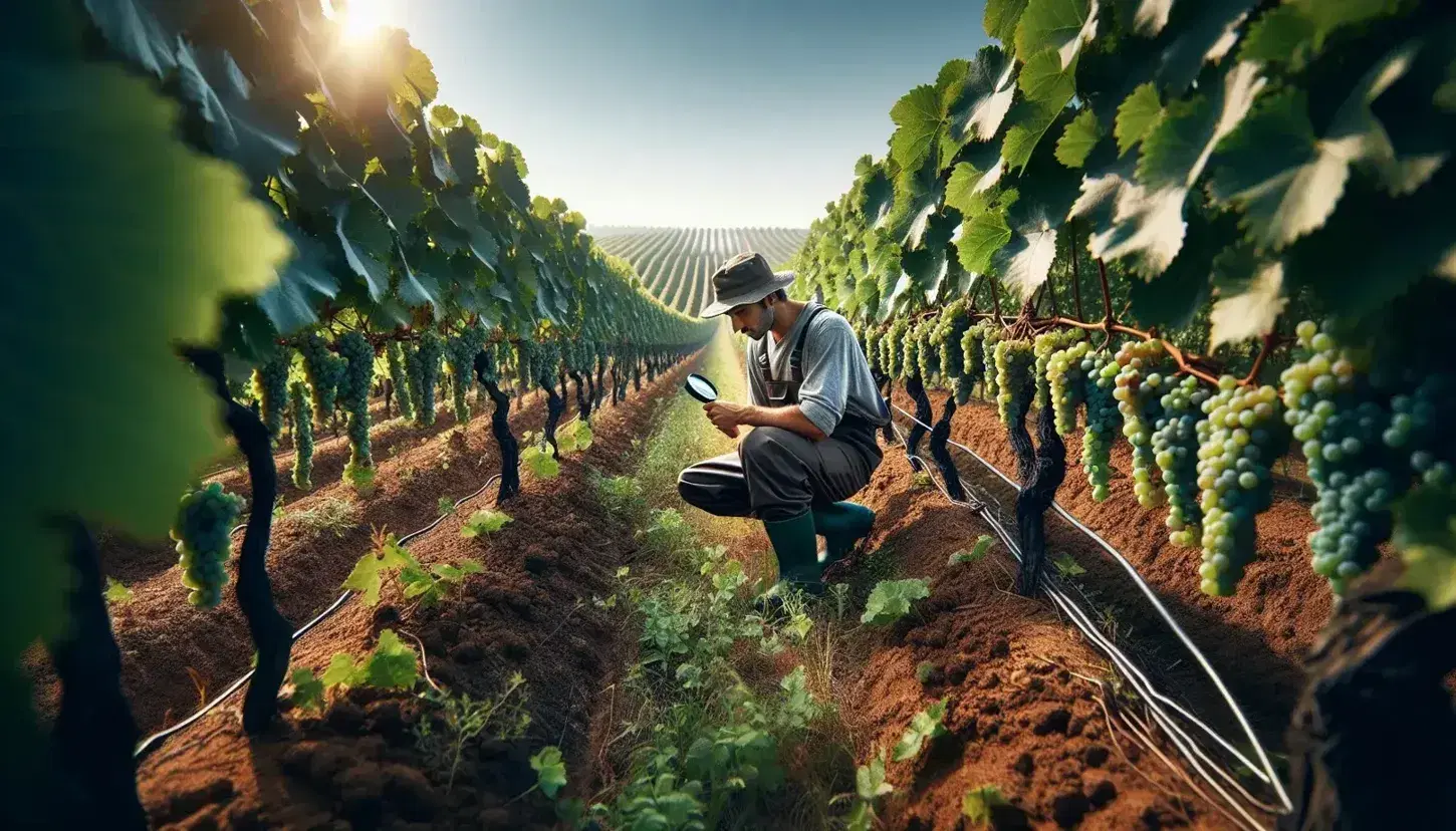 Viñedo soleado con filas de vides verdes y racimos de uvas en maduración, trabajador examinando uvas con lupa bajo cielo azul despejado.