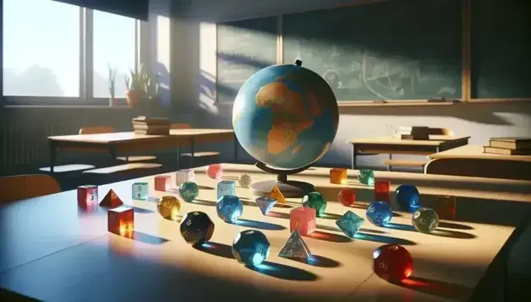 Tavolo in legno con dadi colorati in aula vuota, luce naturale, ombre morbide, angolo di mappamondo senza scritte.