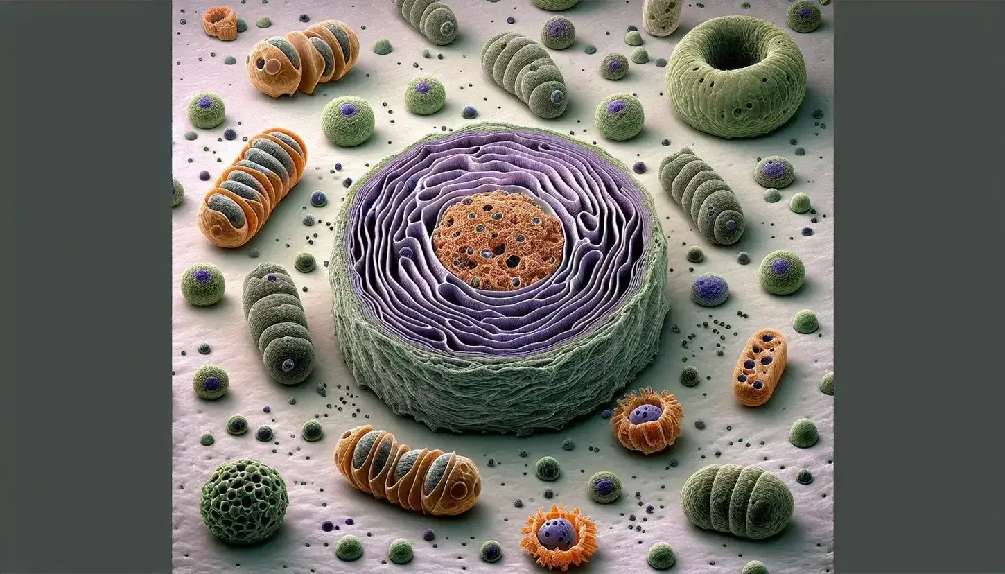 Vista microscópica de célula eucariota destacando núcleo púrpura, mitocondrias anaranjadas, cloroplastos verdes y centrosoma gris.
