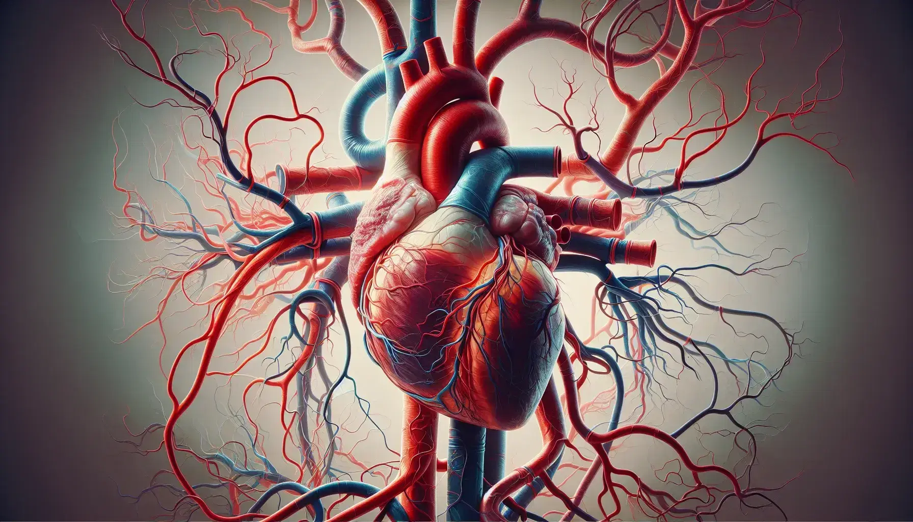 Rappresentazione dettagliata del cuore umano e del sistema circolatorio con arterie in rosso scuro e vene in blu, su sfondo neutro.