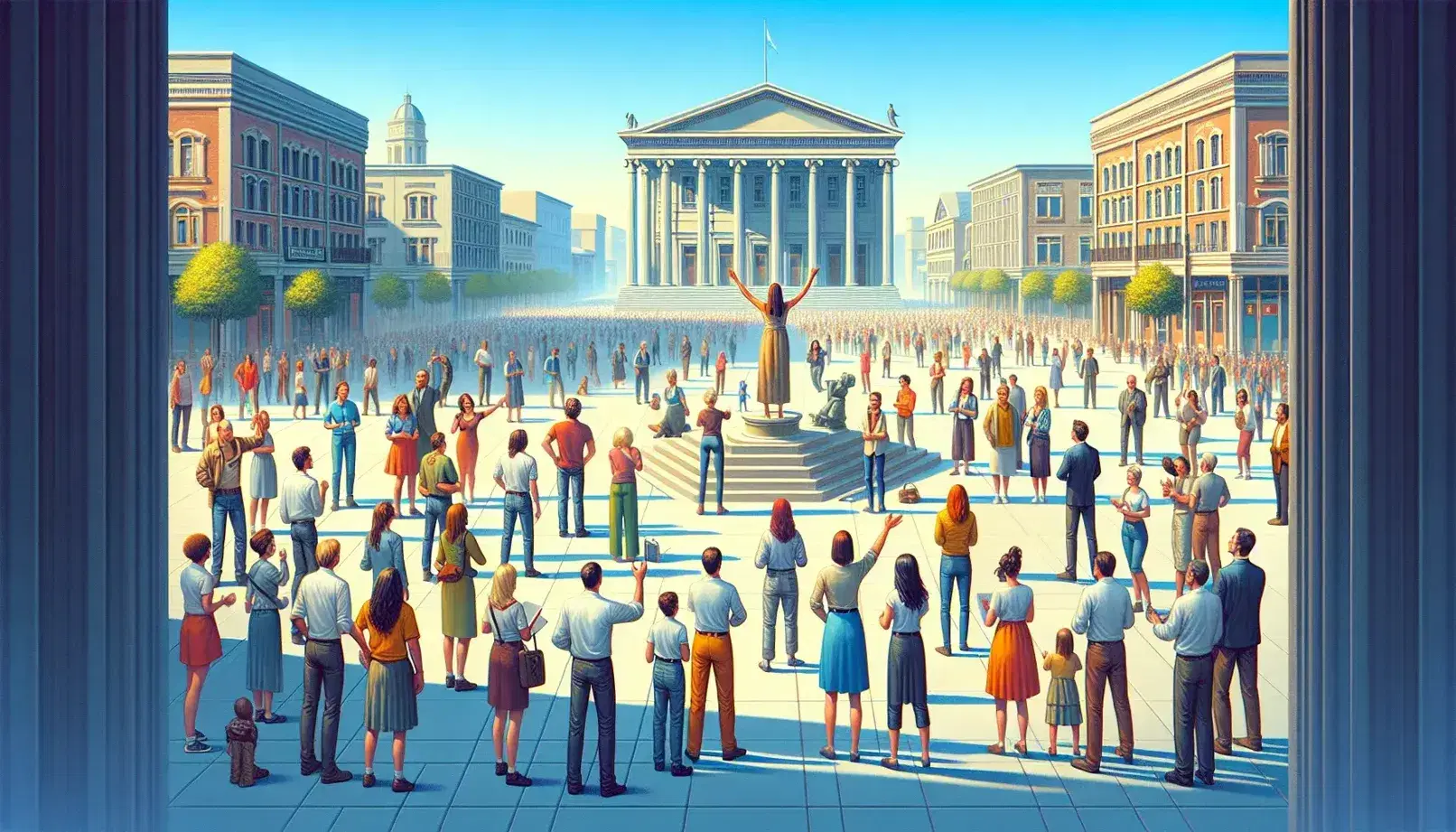 Grupo diverso de personas en plaza pública con mujer celebrando, estatua de bronce y arquitectura clásica en día soleado.