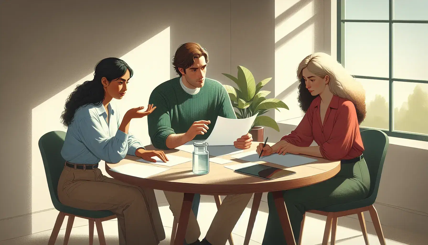 Three colleagues collaborate around a round table: Hispanic woman with papers, Caucasian man with bottle of water and blonde Middle Eastern woman with tablet.