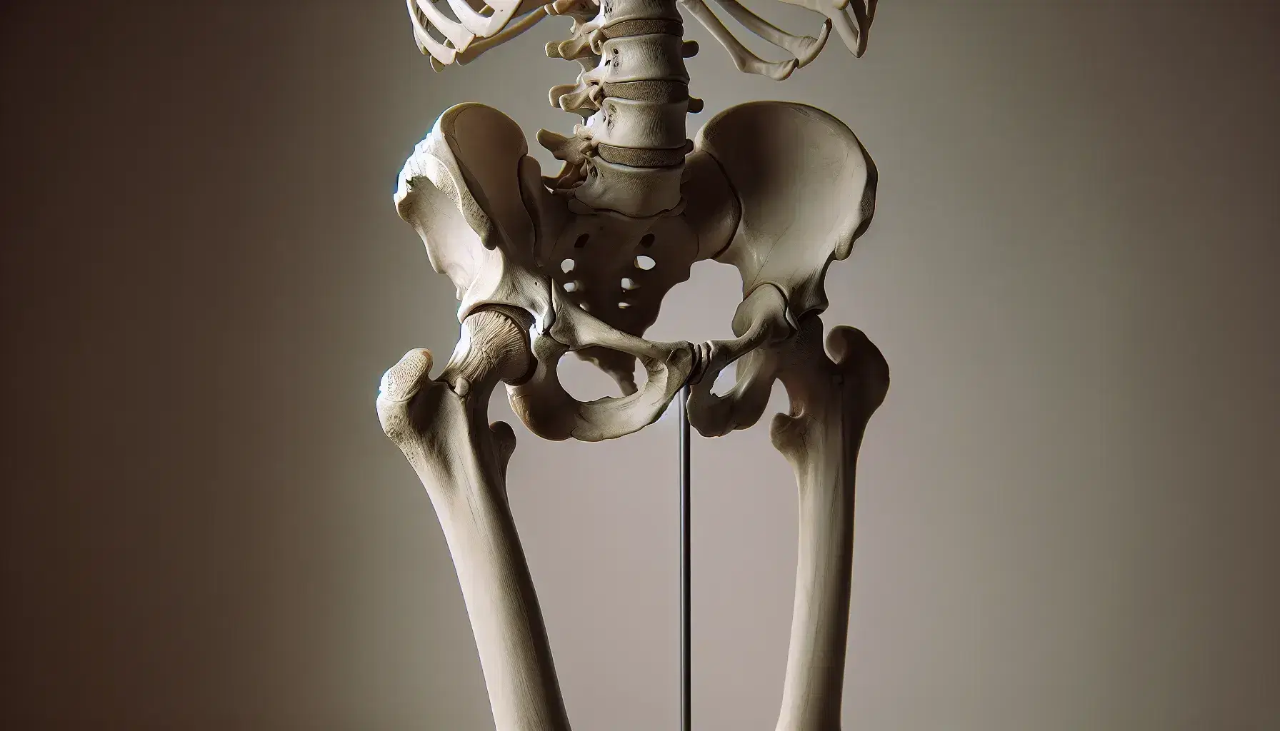 Esqueleto humano completo en posición de pie con vista lateral derecha, destacando la cintura pélvica, fémur, rodilla y huesos tibia y peroné sobre fondo neutro.